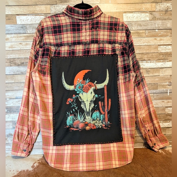 Hand Crafted Tops - Boho Western Bull Cactus Upcycled Handcrafted Dip Dye Bleach Flannel Shirt